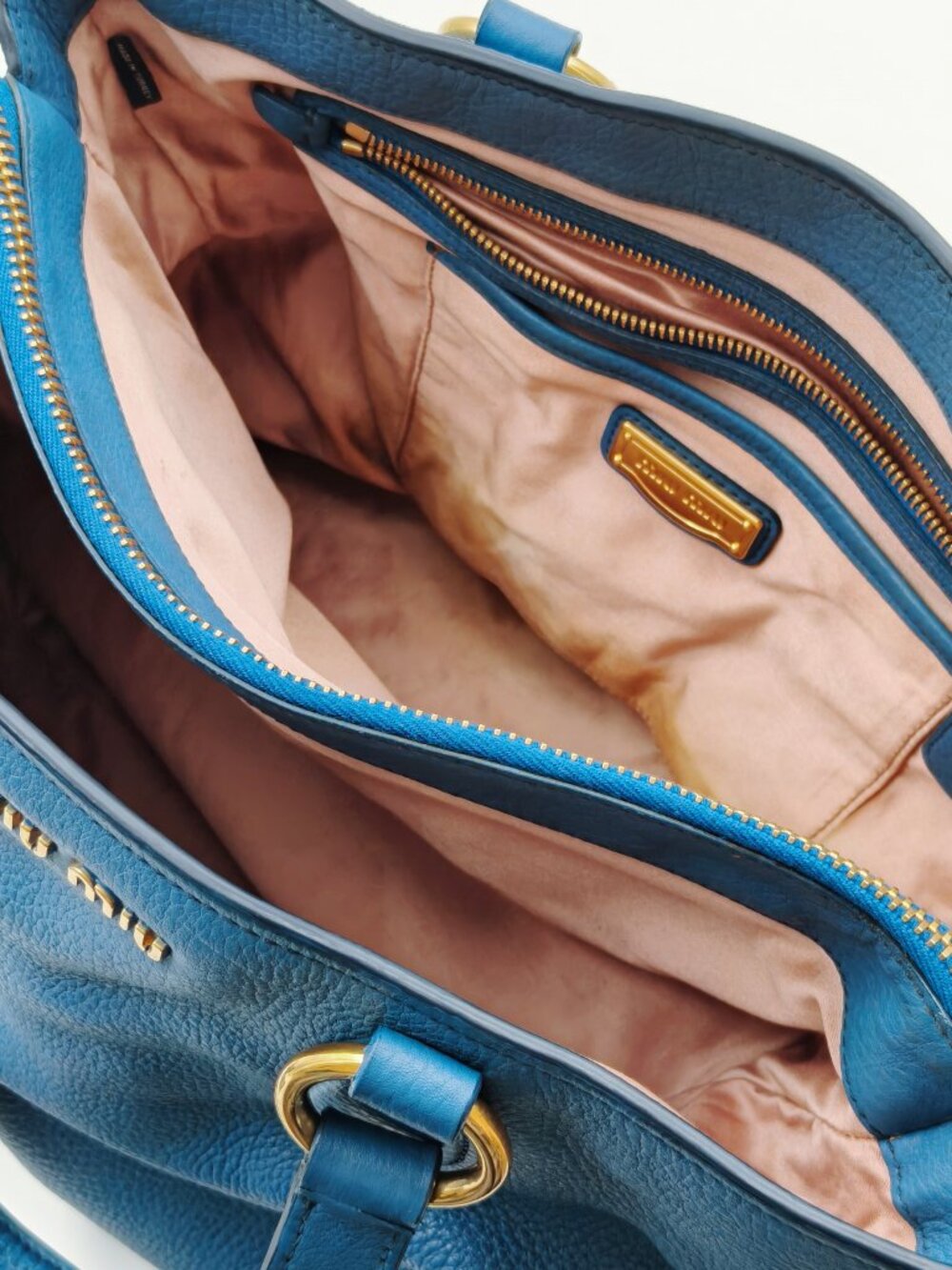 Miu Miu Blue Pebbled Leather Tote Shoulder Bag Gold Hardware - Picture 14 of 15